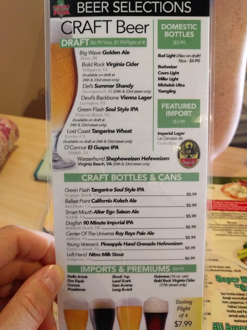 Dough Boys Virginia Beach beer menu