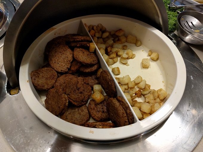 Staybridge Suites Herndon Dulles breakfast - turkey sausage patties and breakfast potatoes