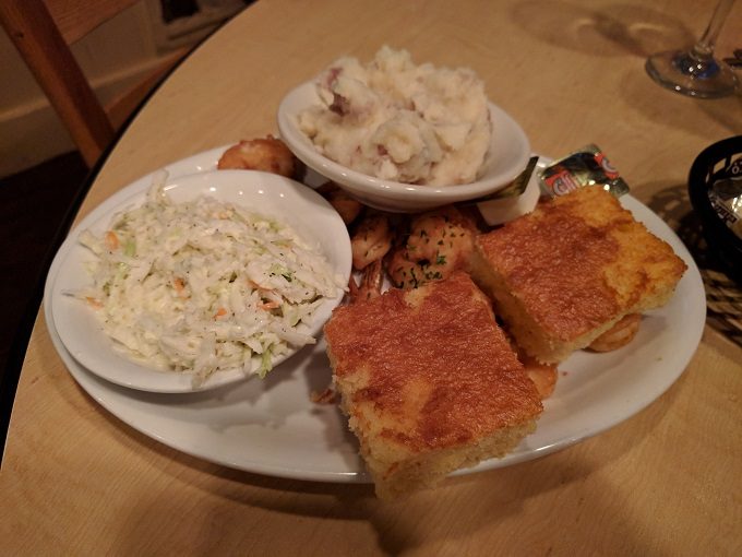 Fried shrimp, cornbread, coleslaw & mashed potato