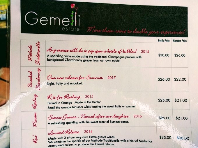 Gemelli Estate wine tasting menu - 1