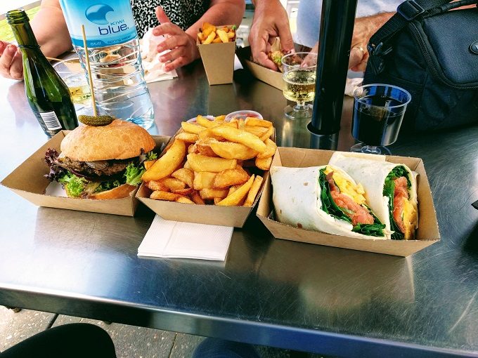 Lunch from the Hunter Valley Smelly Cheese Shop - burger, steak fries and smoked salmon wrap