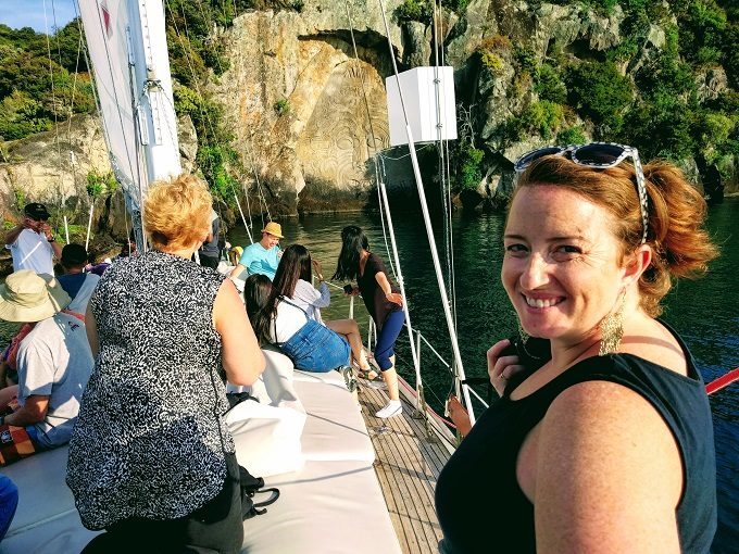 Shae at the Maori rock carvings