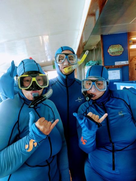 The three of us ready for the catwalk in our stinger suits