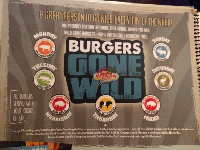 Big Billy's Burger Joint Wild game burger daily menu