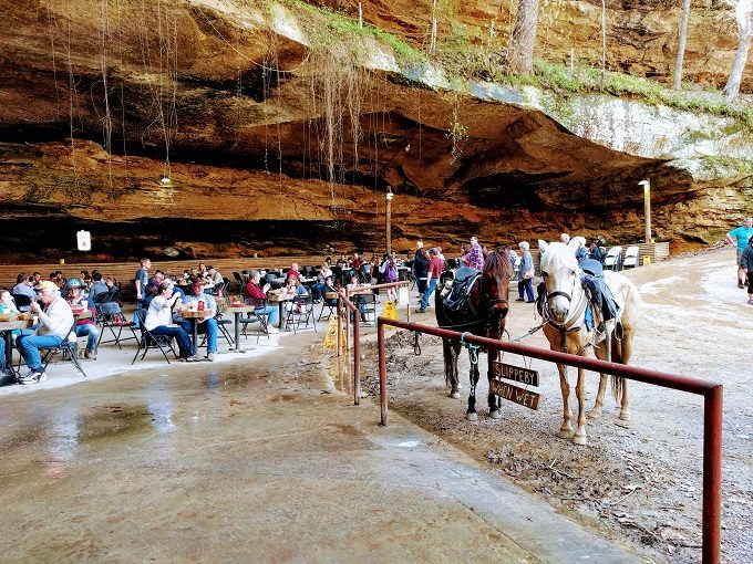 Rattlesnake Saloon, Tuscumbia AL - Seating under a rock face