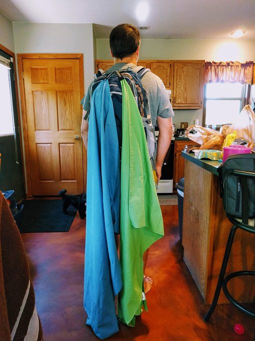 Towels attached to our hiking backpack