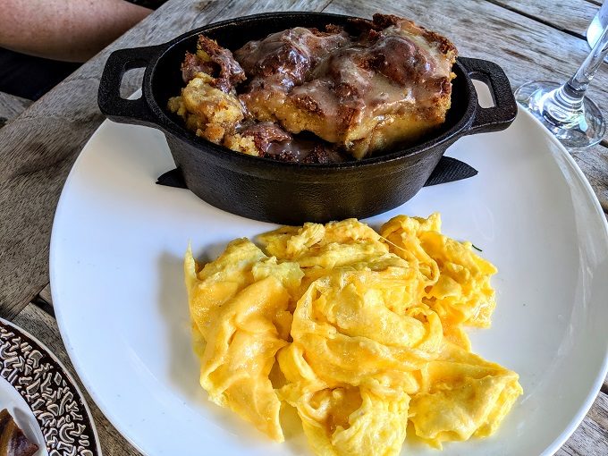 My scrambled eggs & brunch bread pudding at Hotel Covington - bread pudding is made from Moonrise Doughnuts and Keeneland Sauce