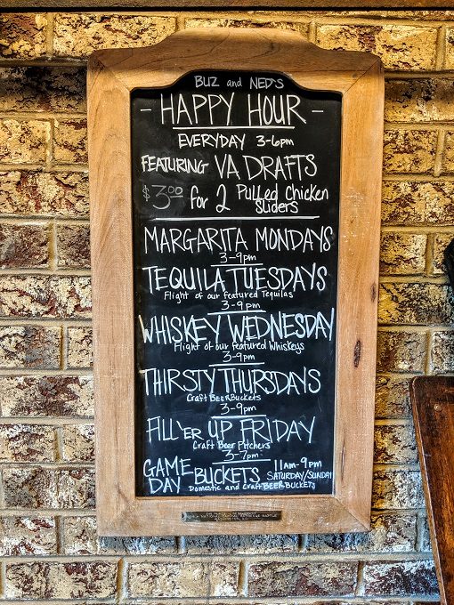 Buz and Ned's Happy Hour list