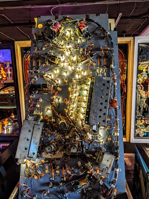 The inside of a pinball machine