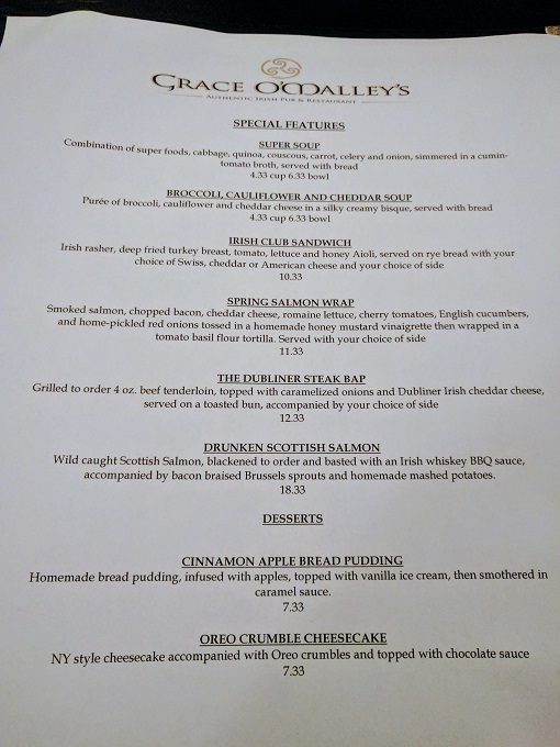 Grace O'Malley's special food menu