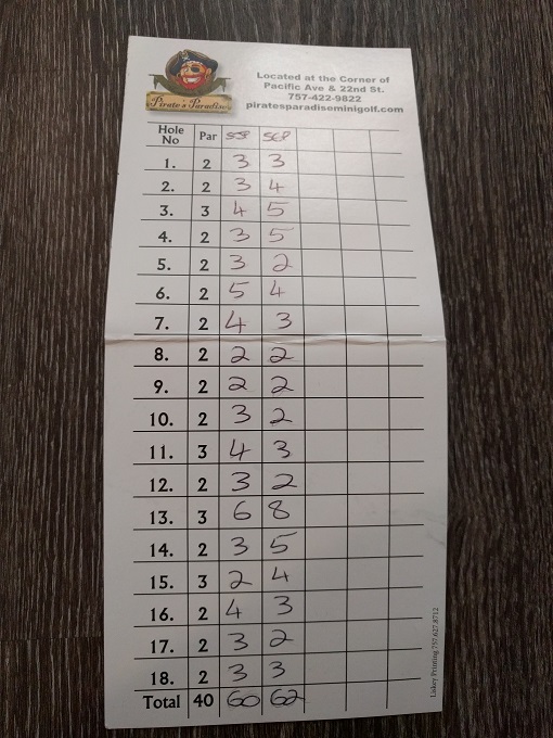 Pirate's Paradise Mini Golf Scorecard