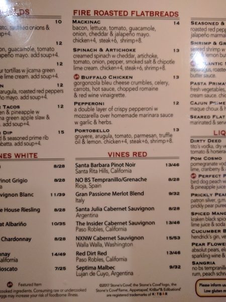 Stone's Cove menu - flatbreads and red wines
