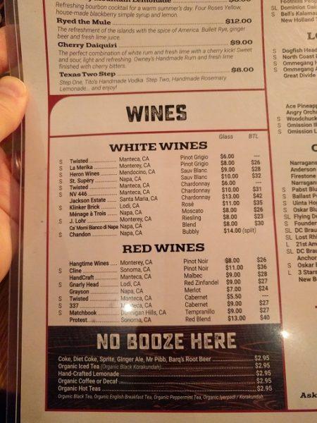 b Restaurant DC Penn Quarter drinks menu - wines