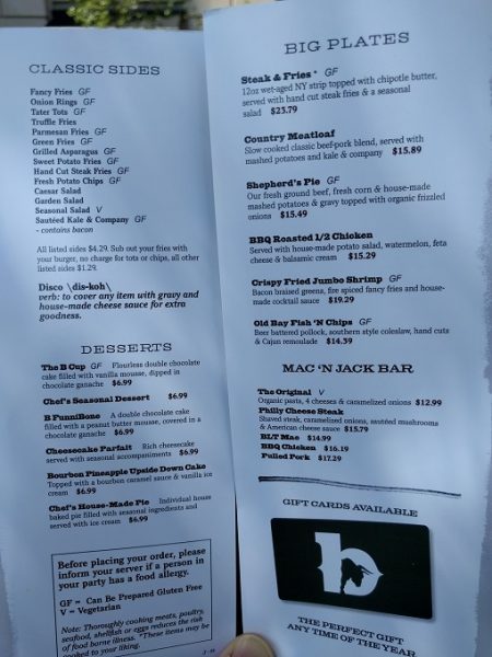 b Restaurant DC Penn Quarter menu - sides, desserts and mains