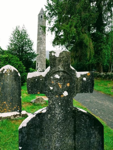 Glendalough gravestone and round tower