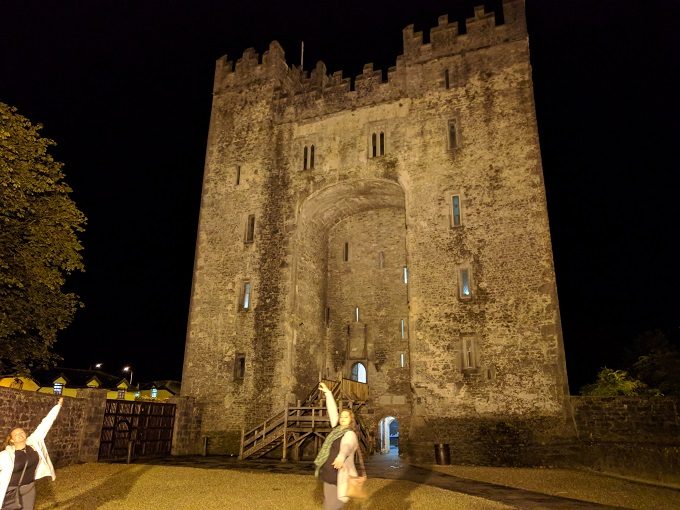Shae and Megan dancing outside Bunratty Castle