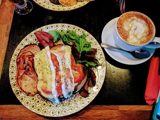 Stage Door Cafe, Dublin - tomato and mozzarella on toast with bacon and greens