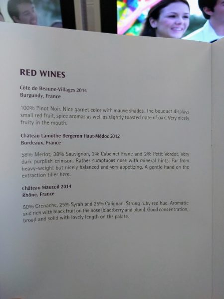 Thai Airways MEL-BKK business class wine menu - red wines