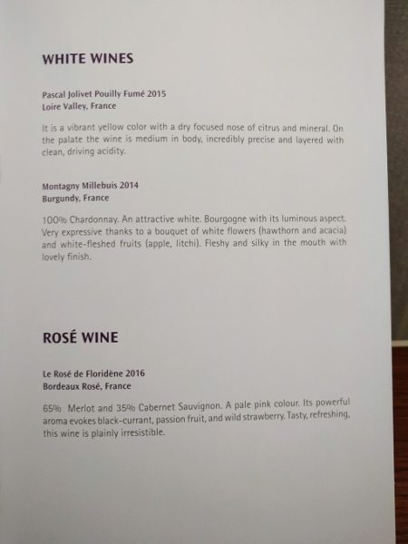 Thai Airways MEL-BKK business class wine menu - white and rose
