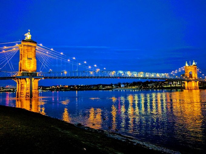 Smale Riverfront Park 17 Roebling Bridge at night