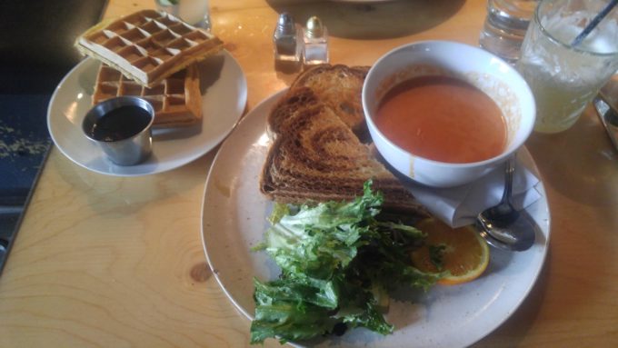 Brie & pear grilled cheese, tomato soup and waffles at Lockhart Bar, Montreal