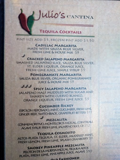 Julio's Cantina menu Montpelier VT - Tequila cocktails