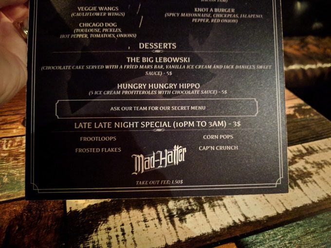 Mad Hatter Pub menu, Montreal - Desserts & late late night specials