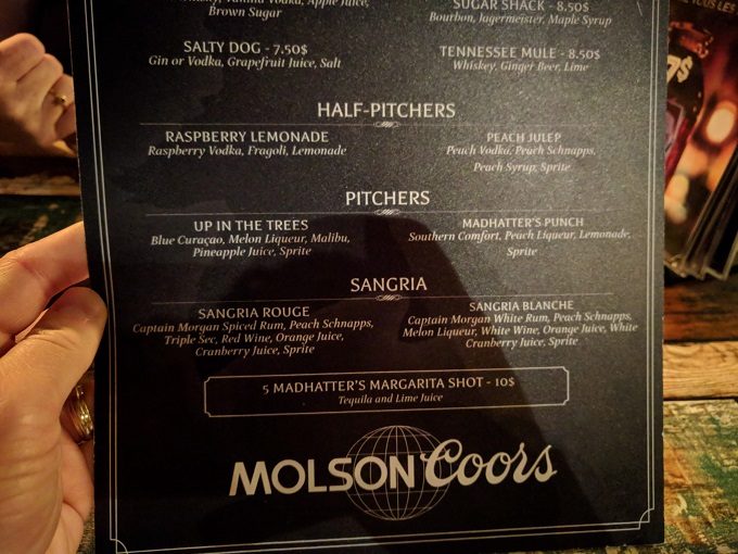 Mad Hatter Pub menu, Montreal - Half pitchers, pitchers & sangria