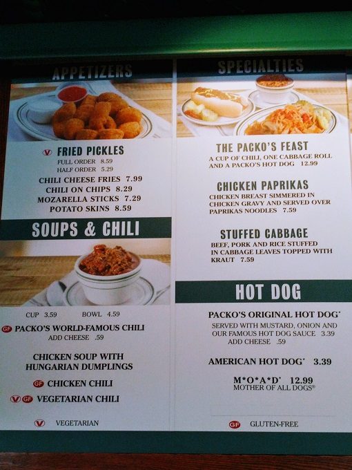 The Original Tony Packo's menu, Toledo Ohio - Appetizers, soups & chili, specialties & hot dogs