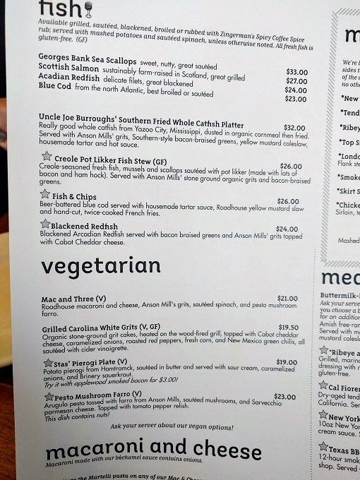 Zingerman's Roadhouse menu - Fish & vegetarian entrees