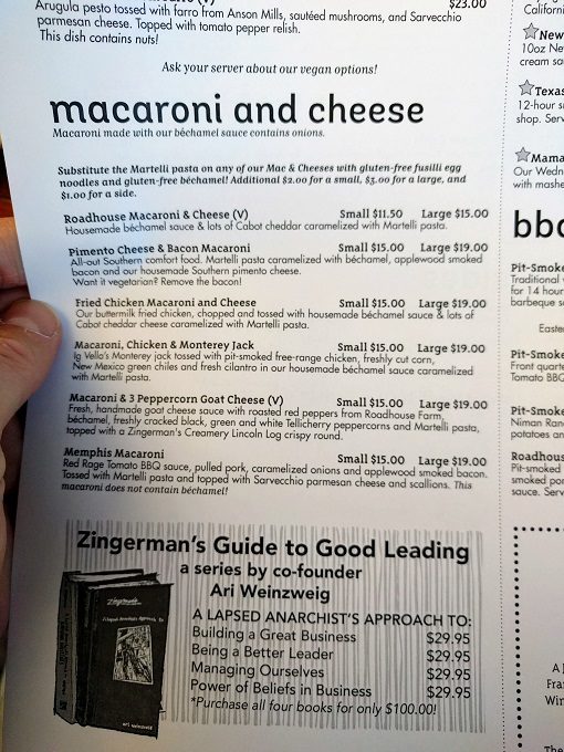 Zingerman's Roadhouse menu - Macaroni and cheese