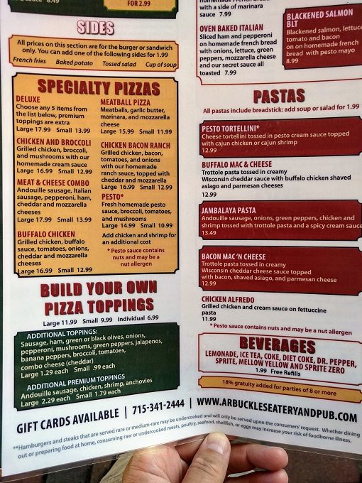 Arbuckles Eatery & Pub menu, Stevens Point WI - Pizzas, pastas & beverages