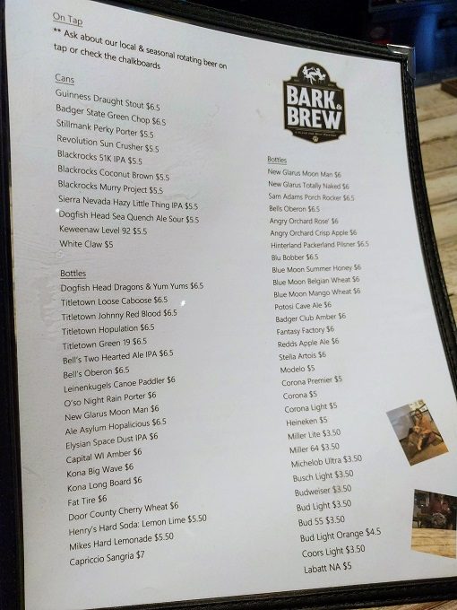 Bark & Brew, Green Bay - Beer menu