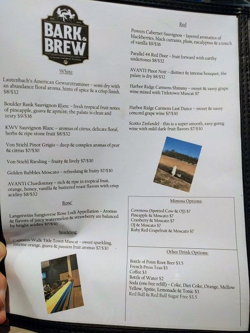 Bark & Brew, Green Bay - Drinks menu - wine & soft drinks