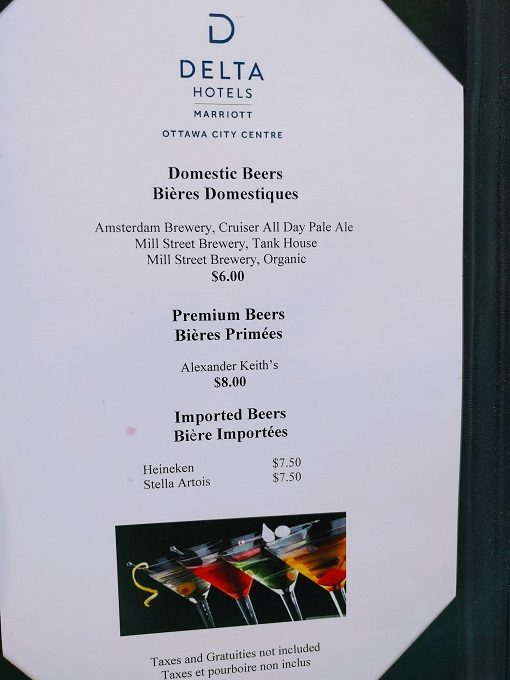 Delta Hotels Ottawa City Centre Club Lounge - Beer prices