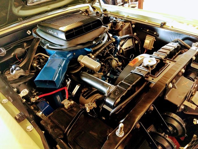 Engine inside a 1969 Ford Mustang Mach 1 Cobra Jet Drag Pack