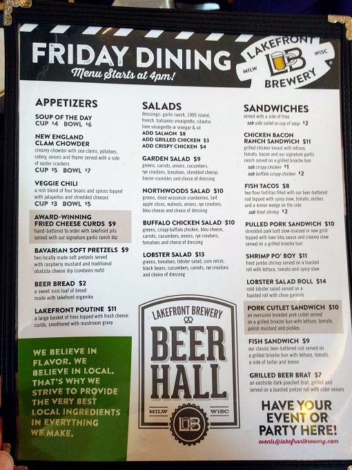 Lakefront Brewery Beer Hall Friday menu