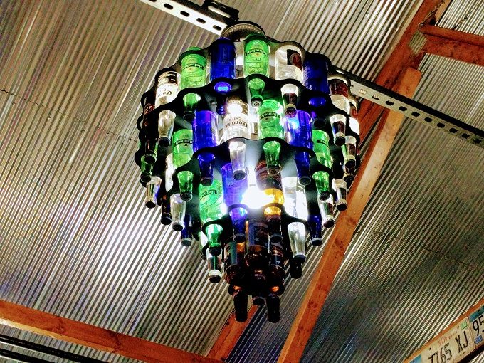 Poopy's Pub N' Grub, Savanna IL - Bottle chandelier