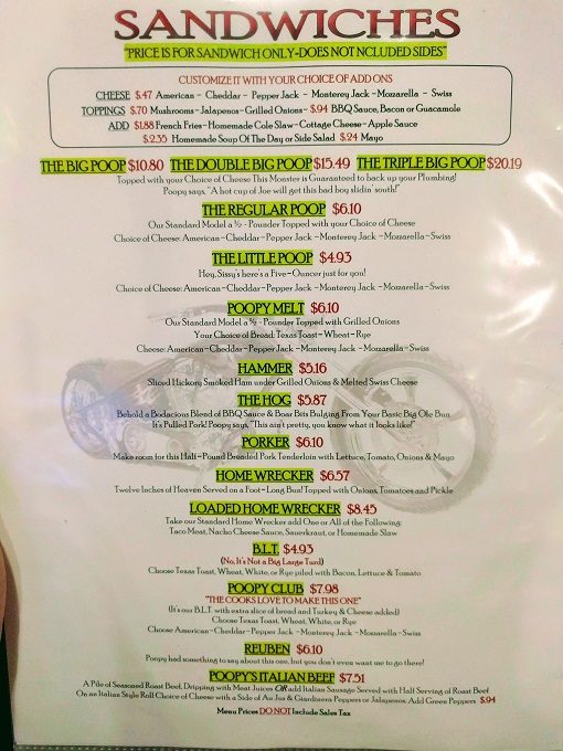 Poopy's menu - Burgers, sandwiches & hot dogs