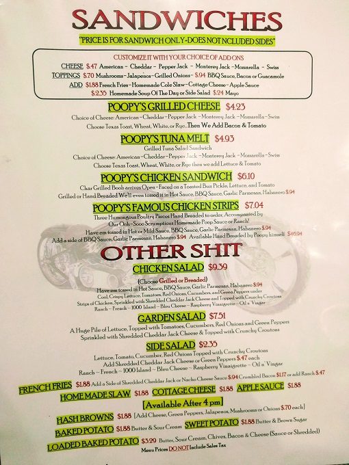 Poopy's menu - More sandwiches, salads and sides