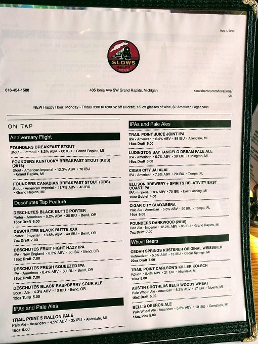 Slows Bar BQ menu, Grand Rapids MI - Beer menu 1