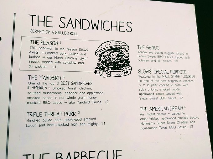 Slows Bar BQ menu, Grand Rapids MI - Sandwiches