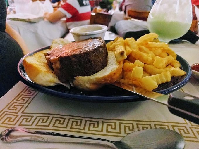 Ariston Cafe, Litchfield IL - Side-on view of prime rib of beef sandwich