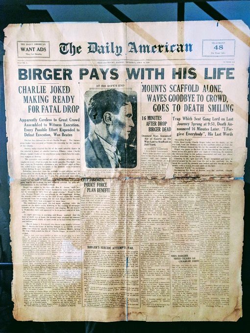 Franklin County Historic Jail Museum, Benton IL - Front page of newspaper the day after Charlie Birger was executed