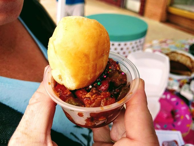 Chili with savory donut & sprinkles