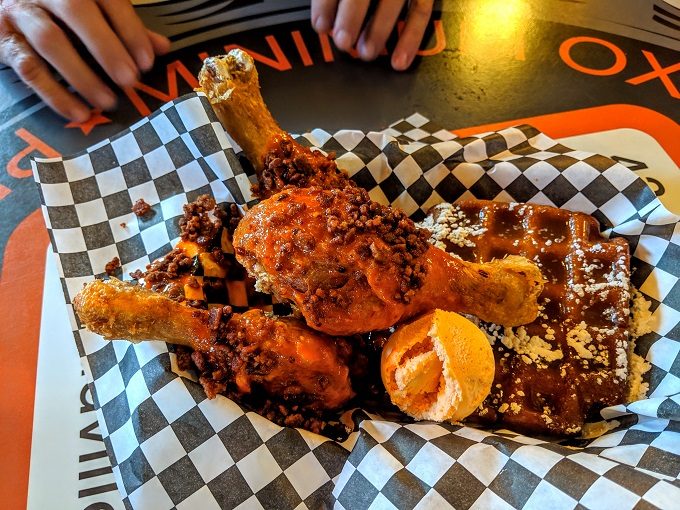 Chicken & waffles with hot sauce ice cream from Pink Tank Food Truck, Denver CO