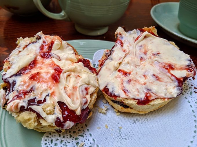 Fruit scones with jam & clotted cream at The Fourteas in Stratford-Upon-Avon