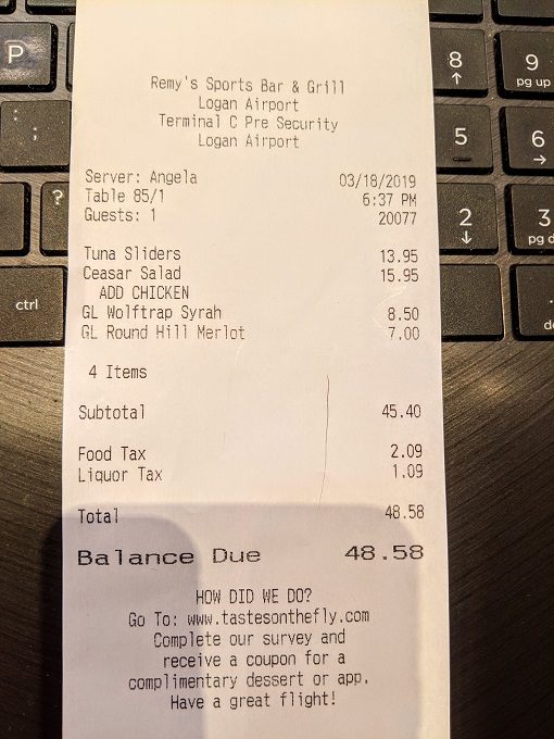 Jerry Remy's Sports Bar & Grill, Boston Logan Airport - Our final bill