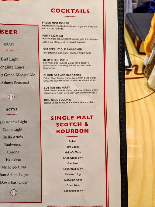 Jerry Remy's Sports Bar & Grill, Boston Logan Airport drinks menu - cocktails, Scotch & bourbon