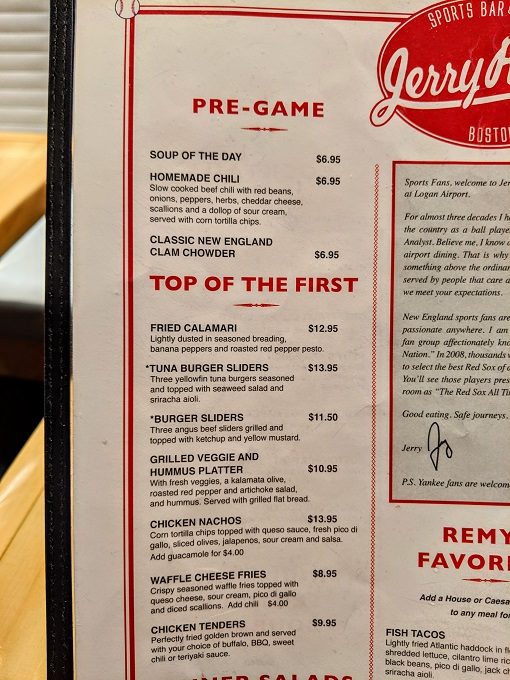 Jerry Remy's Sports Bar & Grill, Boston Logan Airport menu - Soups, chili & appetizers